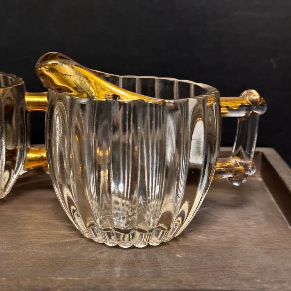 Vintage Jeannette Glass Creamer and Sugar Bowl Set Gold Trim Handles 